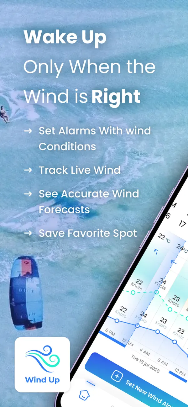 WindUp home screen showing nearby live wind stations on a map.