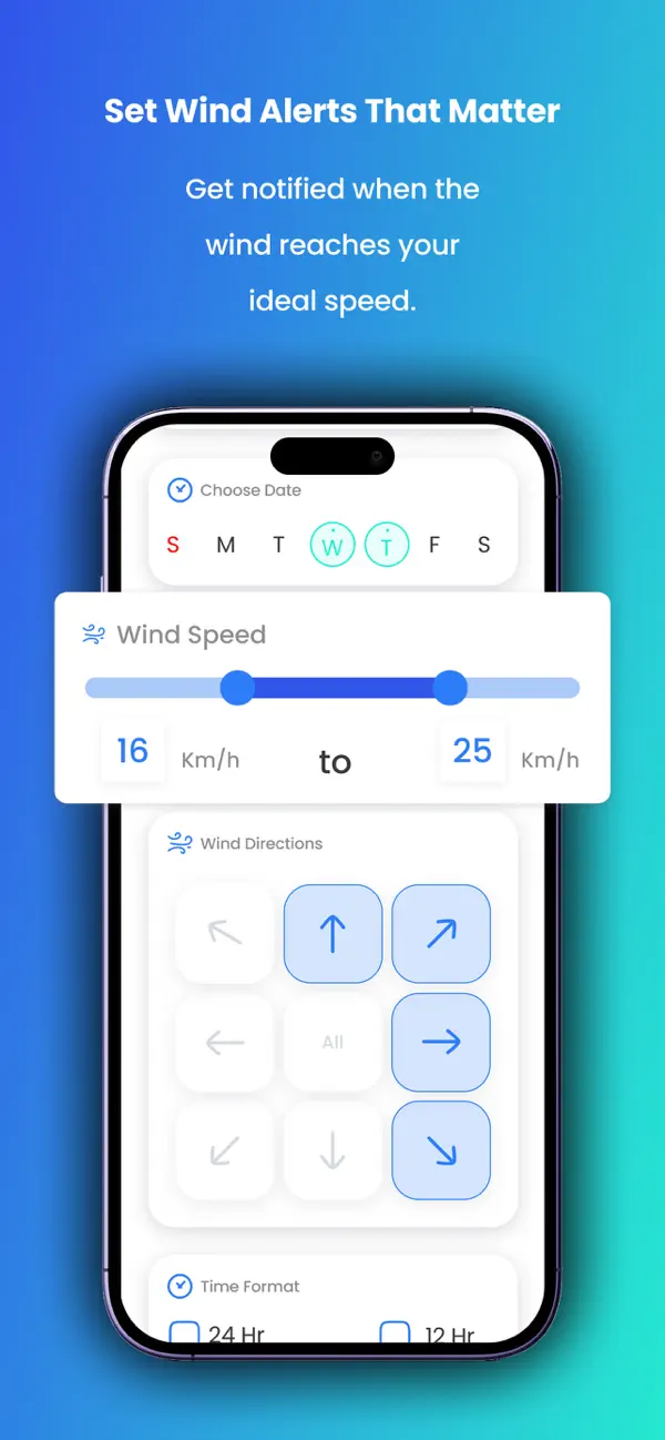 WindUp setup screen showing wind threshold sliders.